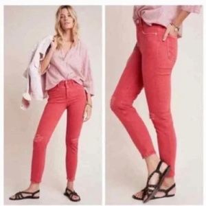 Anthro Pilcro High Rise Slim Jeans Sz 26 Coral Pink Distressed Stretch